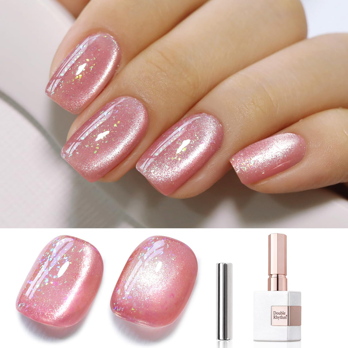 Double Rhythm Cat Eye Gel Polish 0.5 Oz Pink Shimmer Magnetic Holographic Nail Polish 15Ml