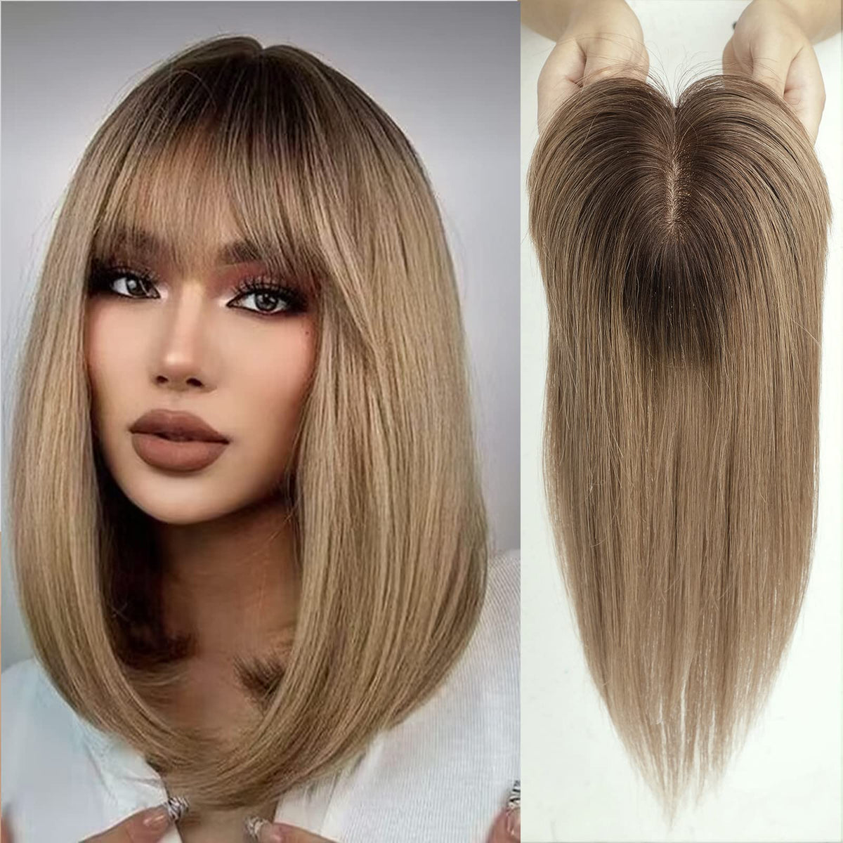 Haircube 100% Remy Human Hair Topper With Bangs, Ombre Ash Blonde, 150% Density, 10