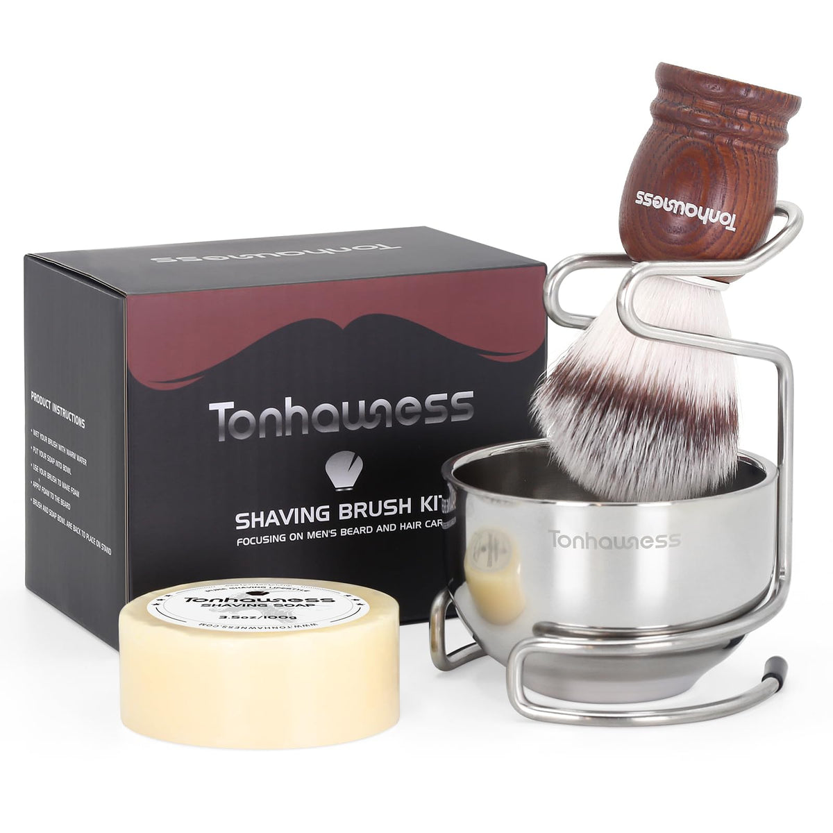 Tonhawness 4-In-1 Shaving Brush Kit For Men - Nylon Bristle, Bowl, Stand & Soap Gift Set