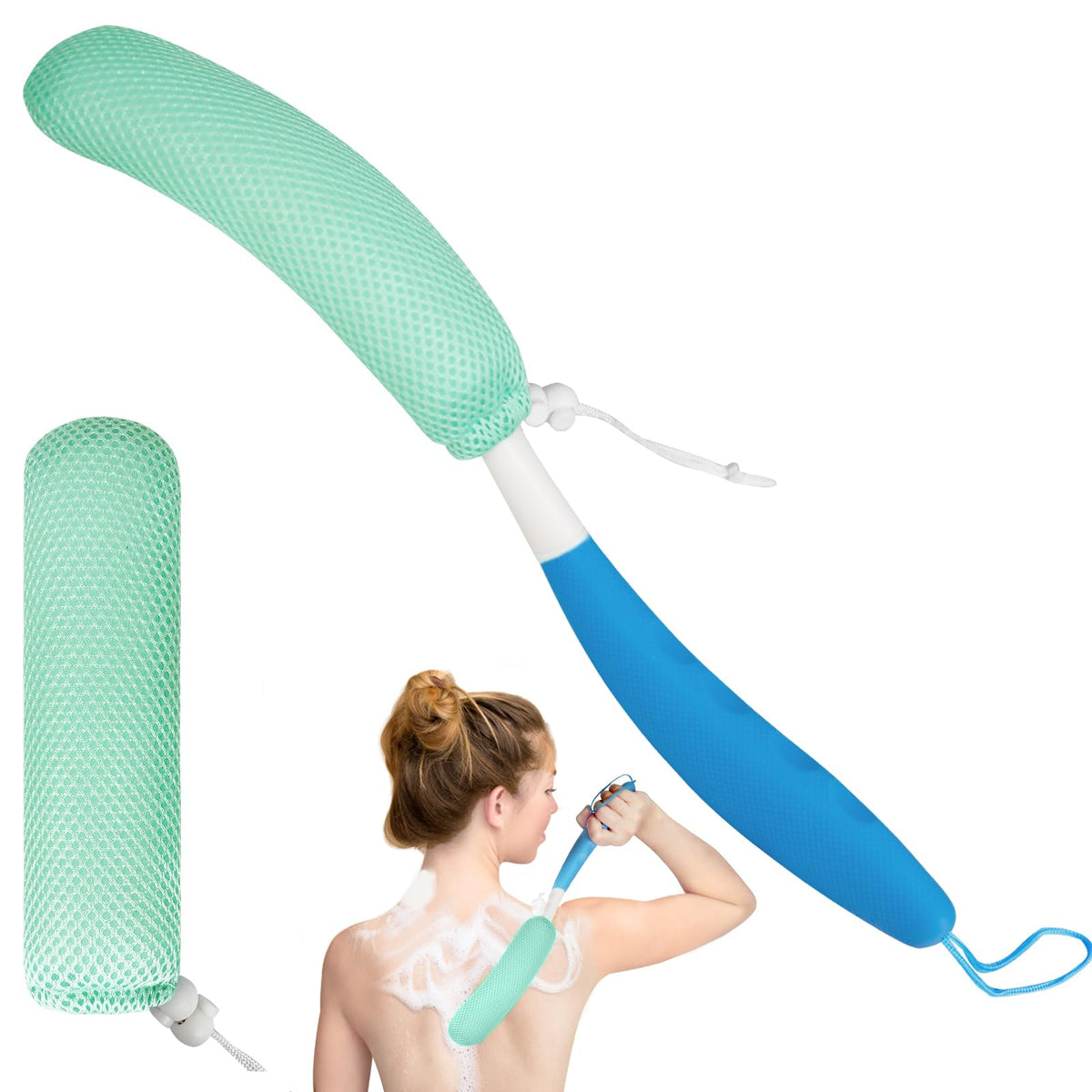 Leetye Mei Long Handled Shower Brush - Blue-Green, Non-Slip, Gentle Exfoliating & Deep Cleansing