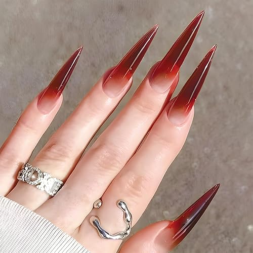 SINHOT Extra Long Red Gradient Stiletto Press on Nails, 24 pcs Glossy Acrylic Almond Design