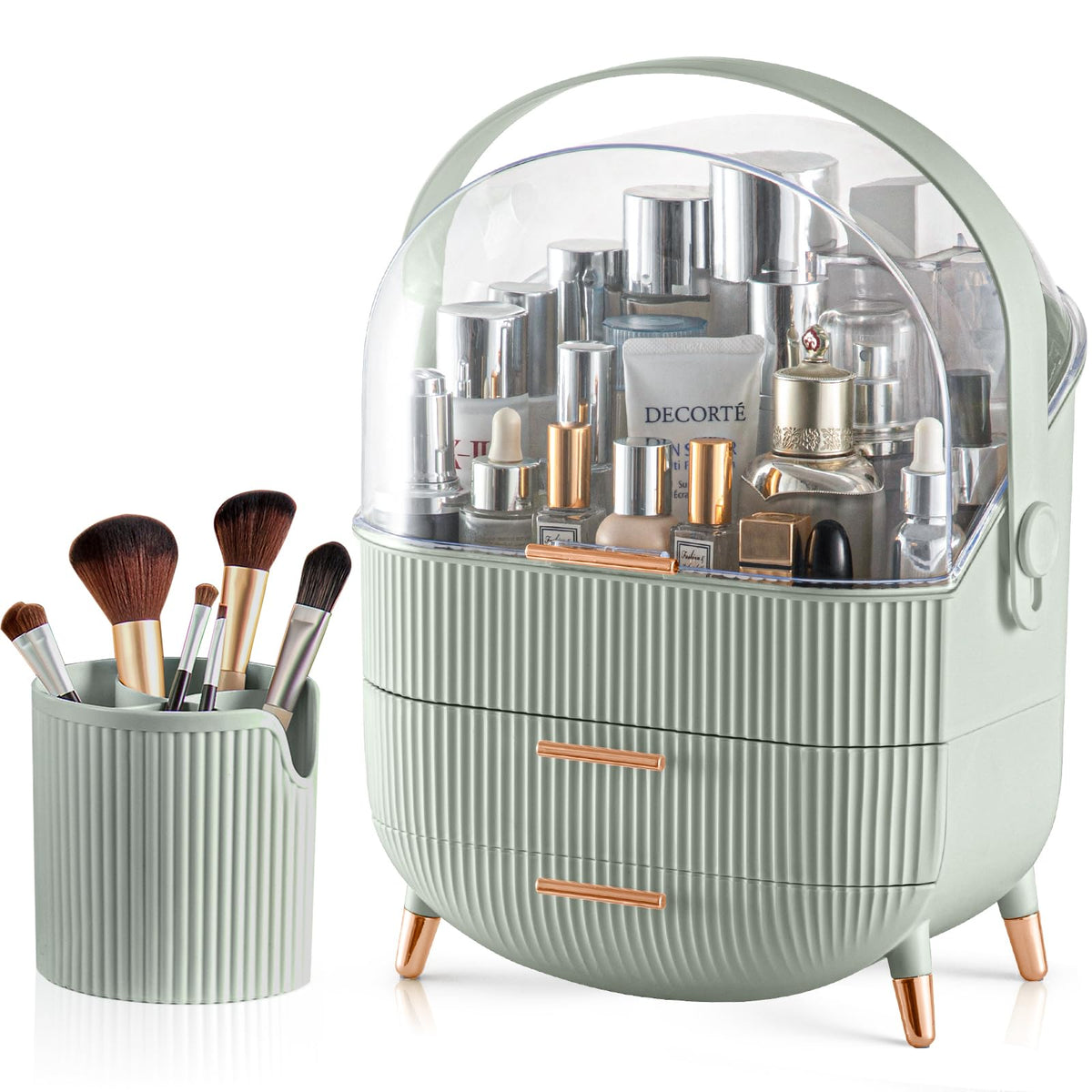 Canitoron Large Sage Green Makeup Organizer With 2 Drawers & Brush Holder For Skincare Storage