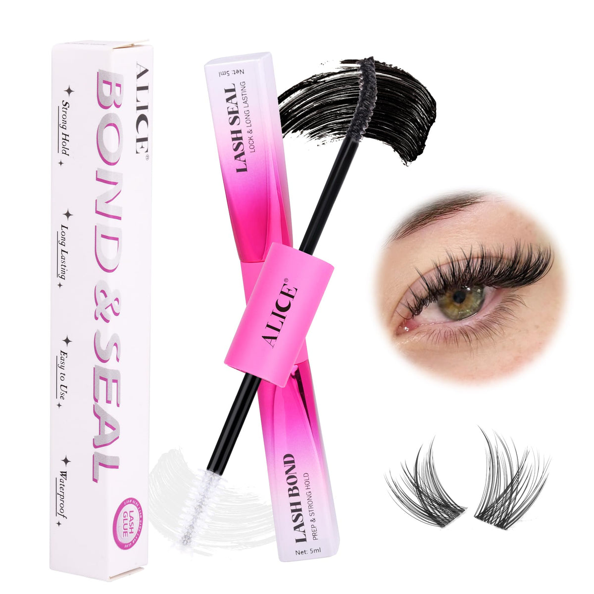 Alice Waterproof Lash Cluster Glue - Strong Hold Bond, Long Lasting 48-72 Hours, 2 In 1