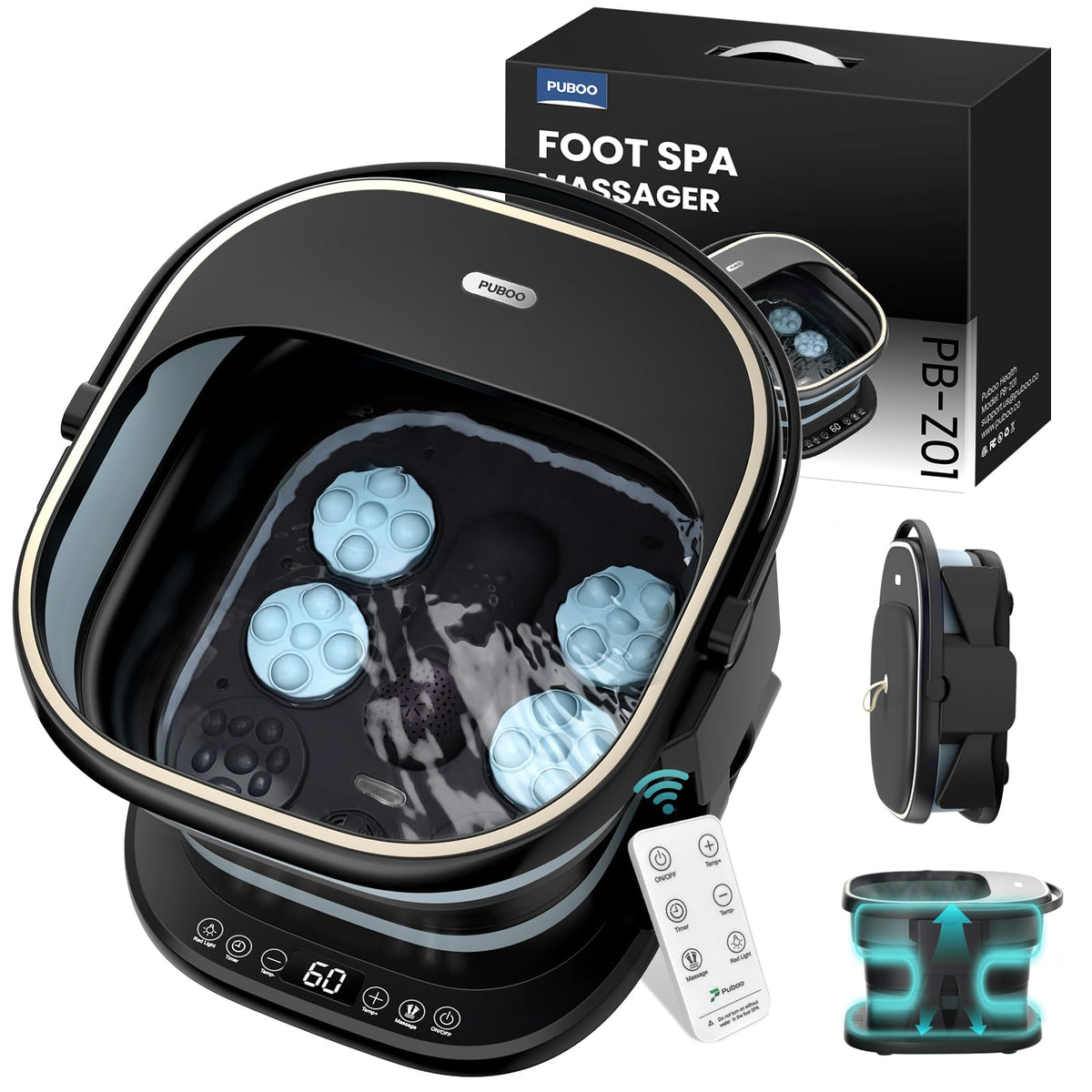 Puboo Collapsible Foot Spa Massager With Heat, 16 Massage Balls, Wireless Remote, Black Gift Box