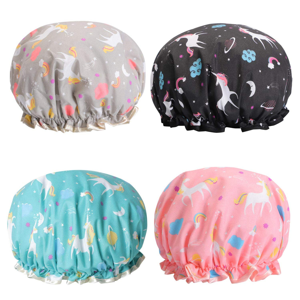 Tbestmax Unicorn Shower Caps - Waterproof Double Layer Bath Hats For Long Hair, 4 Pack