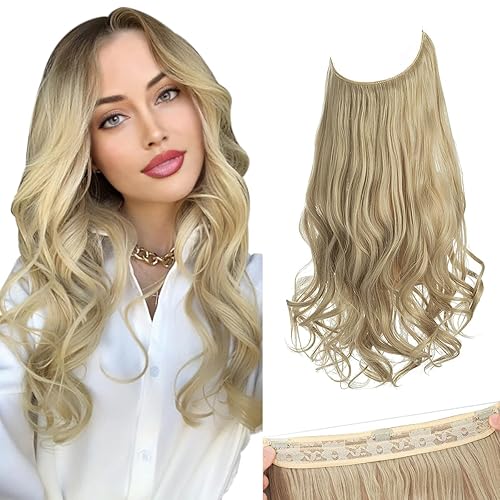 SARLA 16 Inch Invisible Wire Hair Extensions, Pale Ash Blonde Wavy Curly Hairpiece with Clips