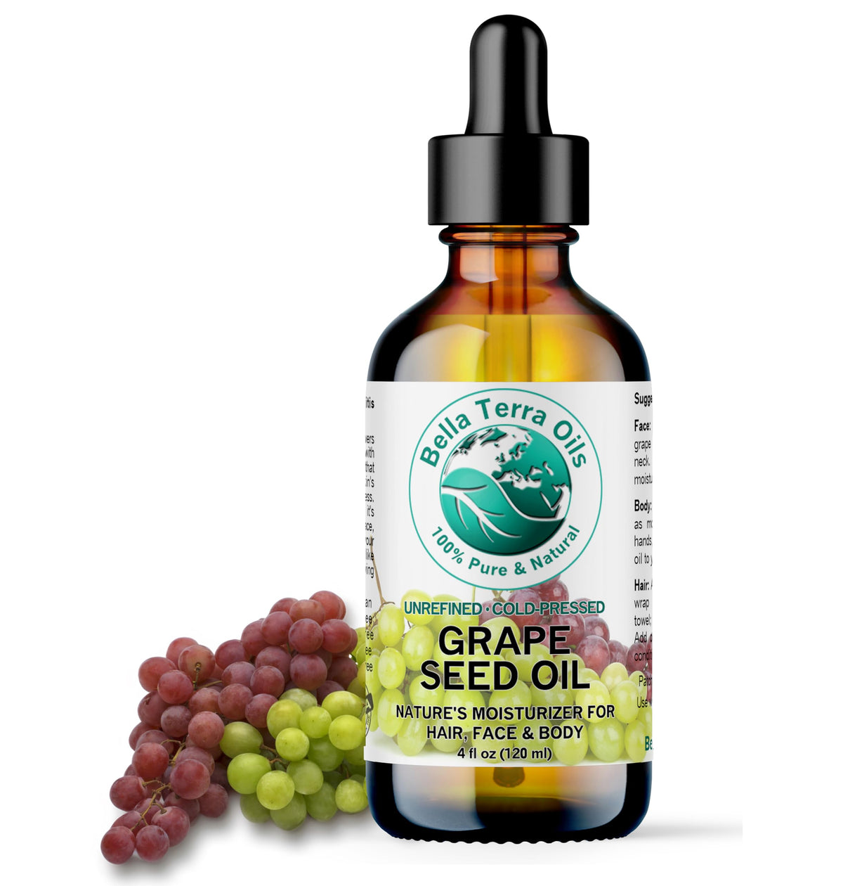 Bella Terra Oils Organic Grape Seed Oil 4 oz - Rich in Polyphenols for Silky-Smooth Skin