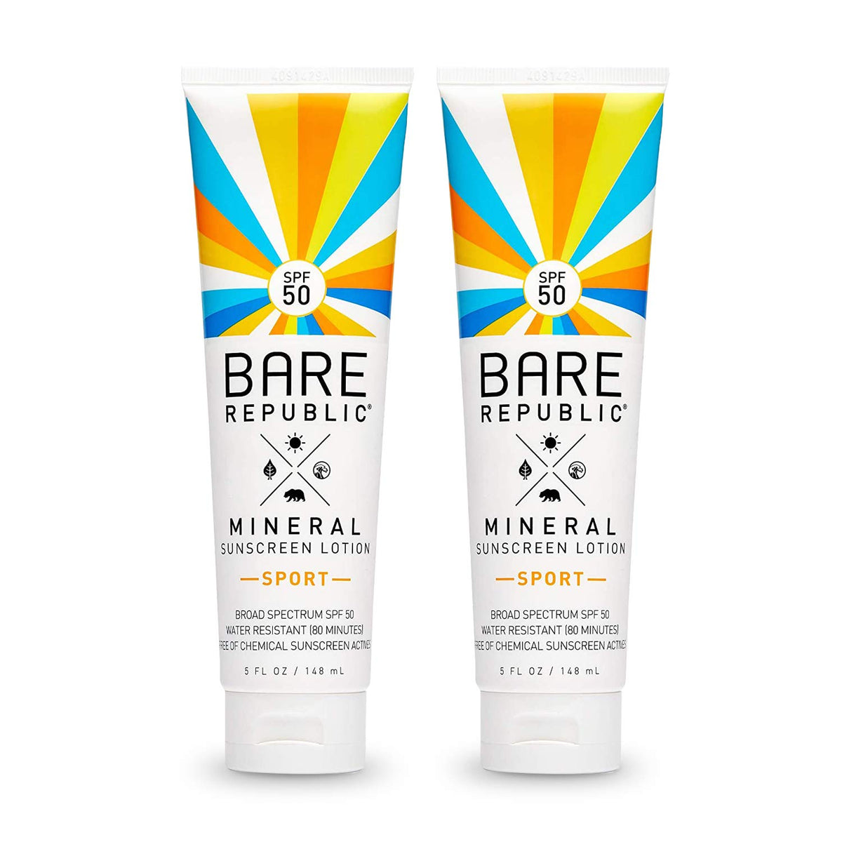 Bare Republic Mineral Spf 50 Sport Sunscreen Lotion, Vanilla Coconut, 5 Fl Oz, 2 Pack