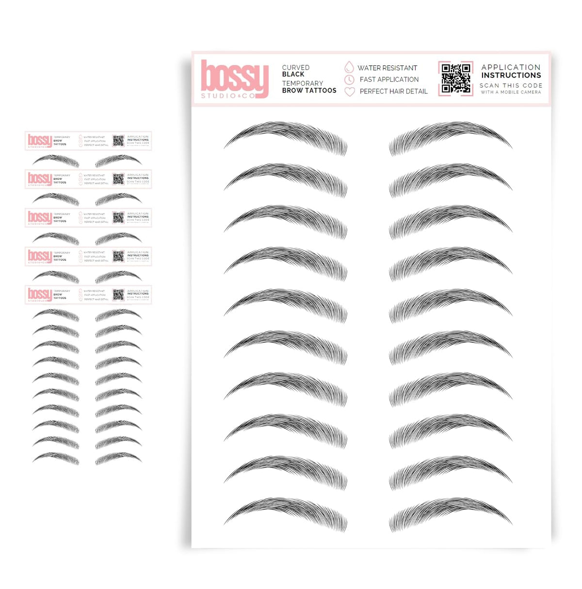 Brows By Bossy 5 Pack Waterproof Eyebrow Tattoos - Natural Strokes, Curved Black Peel-Off Stickers