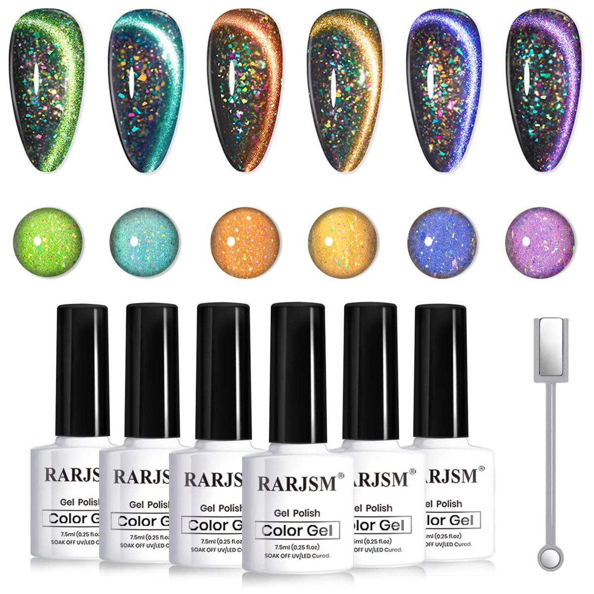 Rarjsm Cat Eye Gel Nail Polish Set - 6Pcs 9D Holographic Glitter With Magnetic Stick, Uv Led