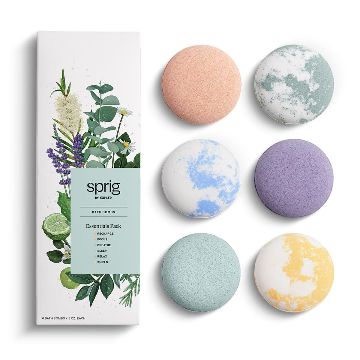 Kohler Sprig Bath Bomb Gift Set - Hypoallergenic, Natural Botanicals, 6 Pack