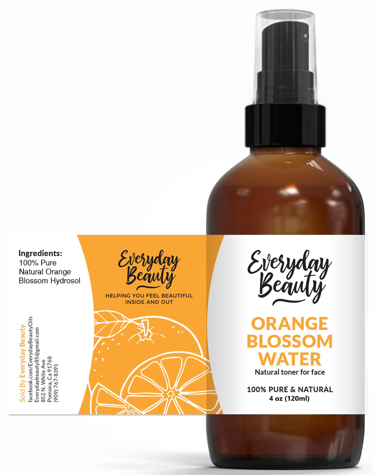 Everyday Beauty Orange Blossom Water Facial Toner - All Natural Hydrating Spray Mist 4Oz