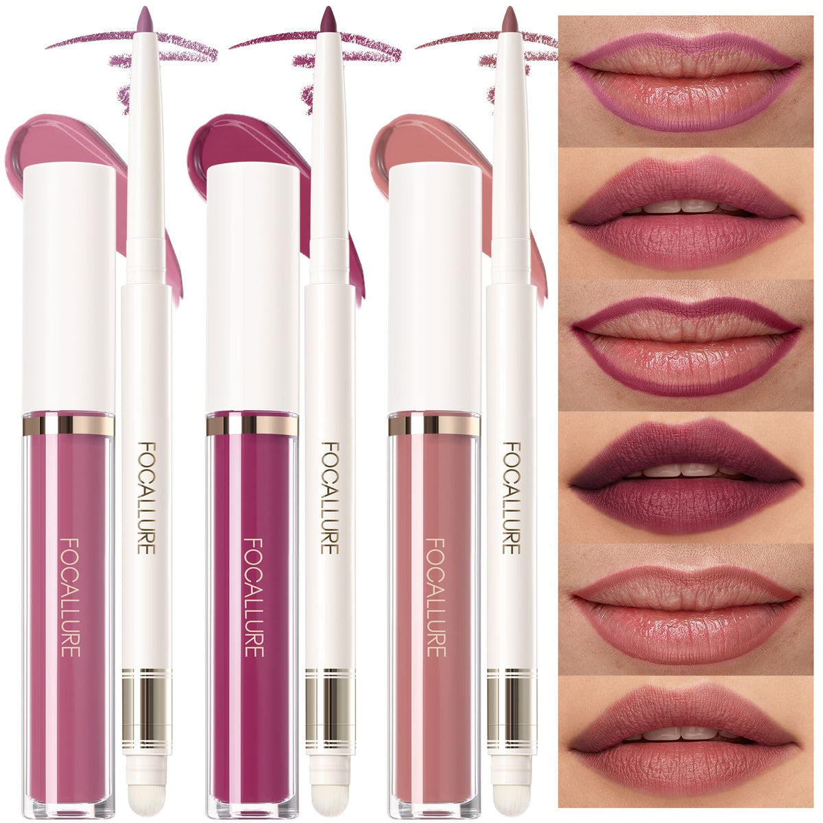 Focallure Kissproof 6Pcs Liquid Lipstick & Lip Liner Set - Pk01 Rose, Matte &