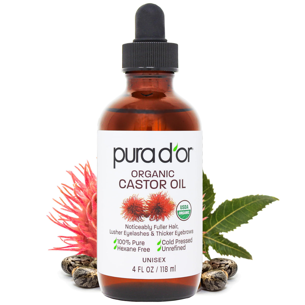 Pura D'Or Organic Castor Oil - 100% Pure Cold Pressed Eyelash & Eyebrow Serum, 4