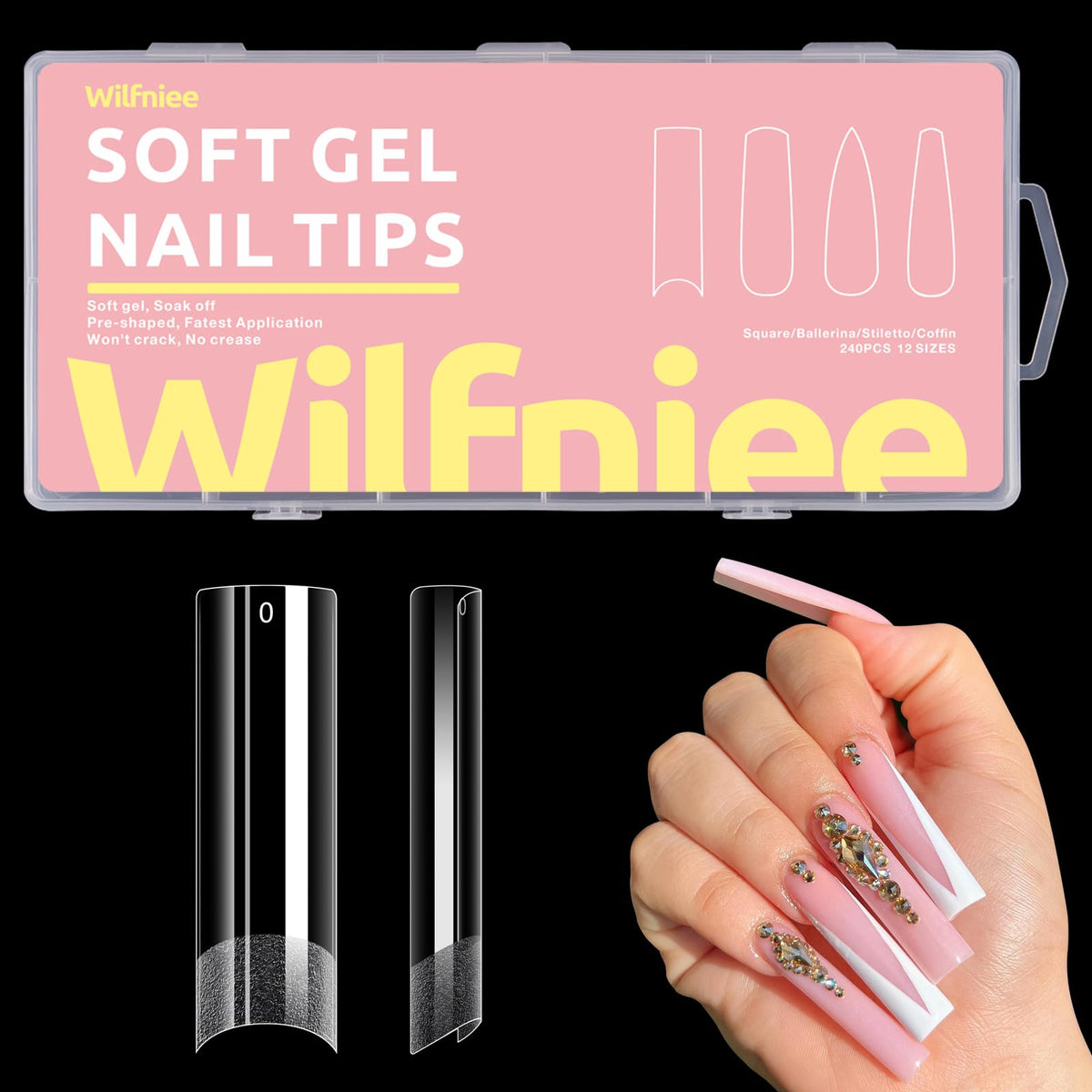 Wilfniee Xl Half Cover Tapered Square Nail Tips - Clear Plastic 240 Pack For Acrylic Nails