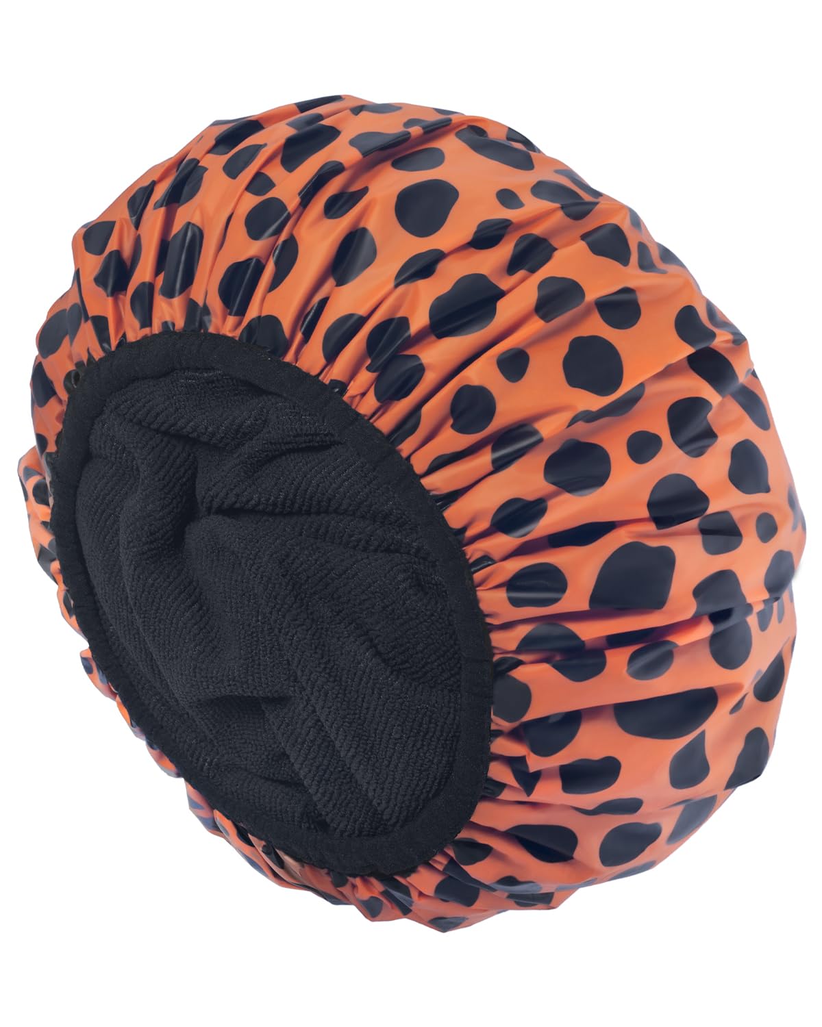 Auban Large Waterproof Shower Cap For Women, Terry Cloth Lined, Reusable, All Hair Lengths, Orange Leopard