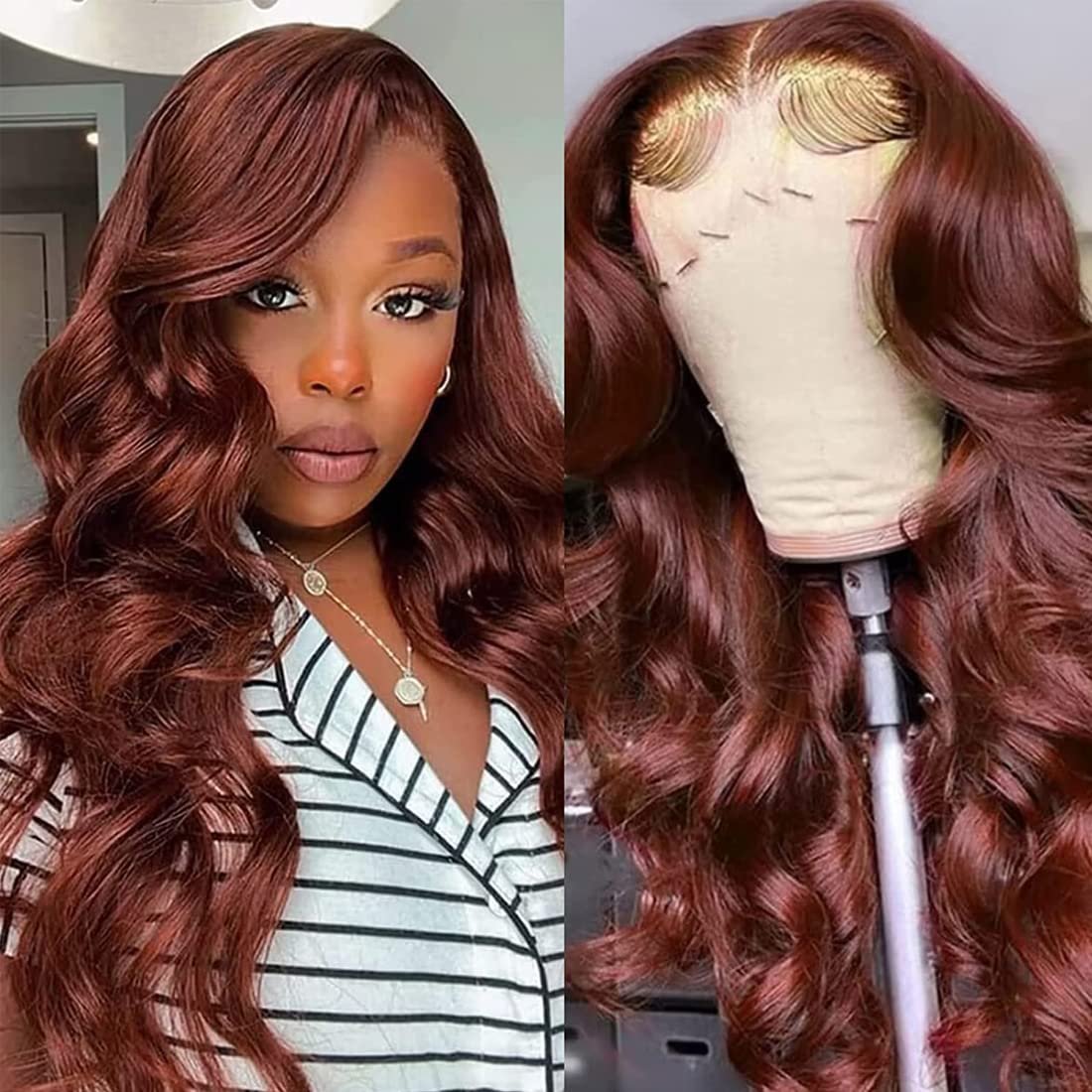 UNICE 10A Reddish Brown Body Wave Lace Front Wig 20&quot; Human Hair Pre Plucked Copper Red