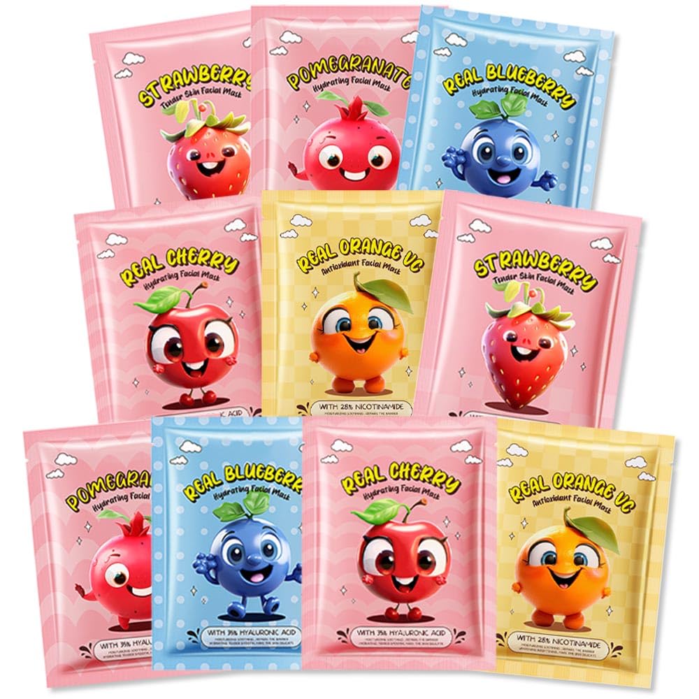 Kaely 10 Pack Fruit Face Masks For Kids - Spa Party Gift Set, Moisturizing & Brightening