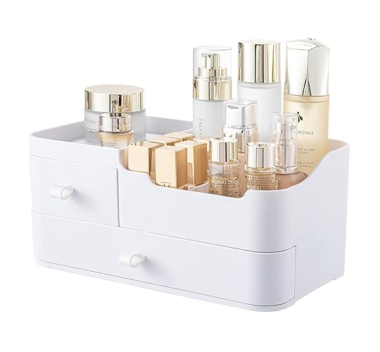 Hblife White Plastic Makeup Organizer With 2 Drawers & 8 Compartments For Vanity & Bathroom