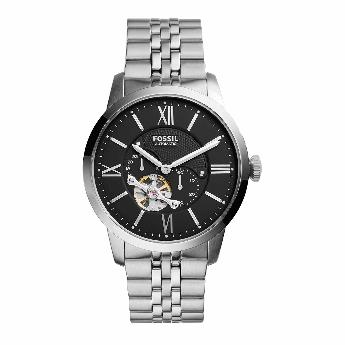 Fossil Townsman Automatic Stainless Steel Watch, Silver/Black, Two-Hand Subeye, Model Me3107