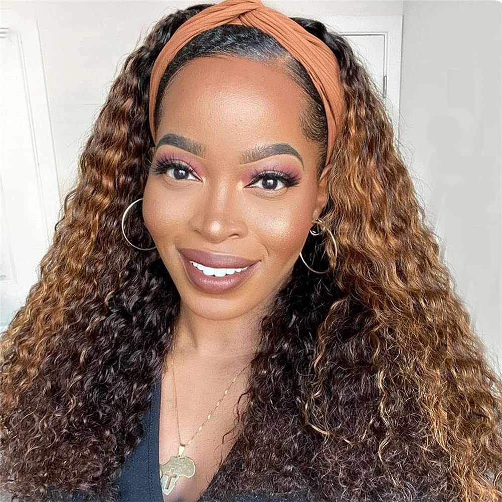 Celiarita 24&quot; Ombre Blonde Deep Wave Headband Wig - Human Hair Curly Half Wig For Black Women