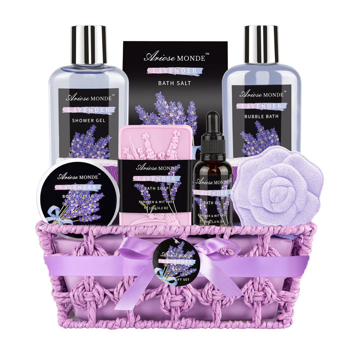 Ariosemonde Spa Bath Gift Basket Set - 9 Piece Lavender Home Spa Gift For Women