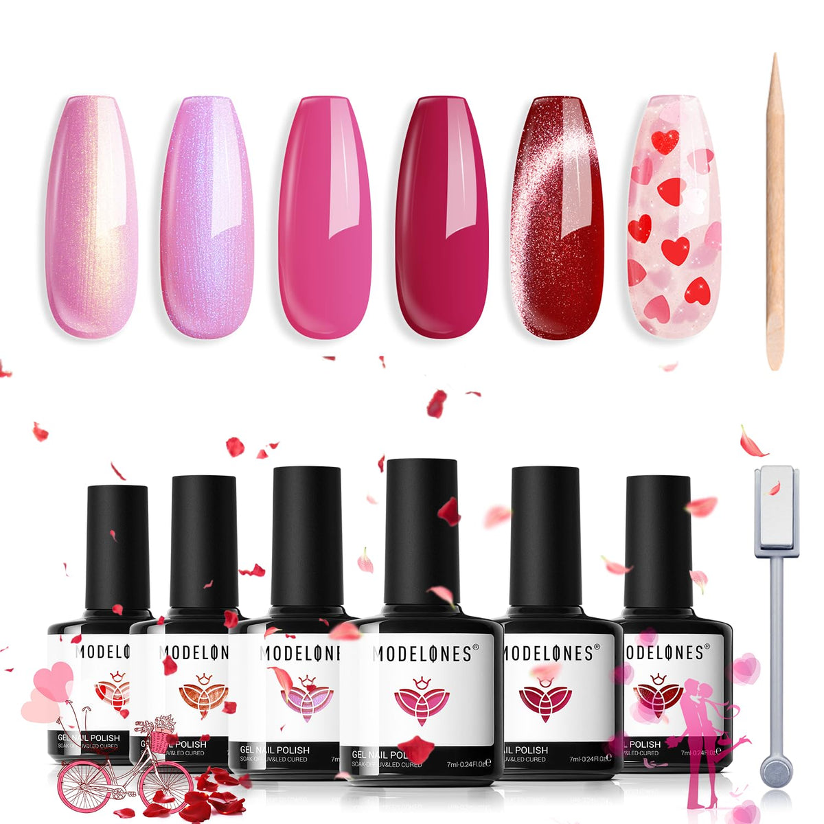 Modelones Gel Nail Polish Set - 6 Colors, Hot Pink, Red Glitter, Cat Eye, Soak Off Led, Diy Gift