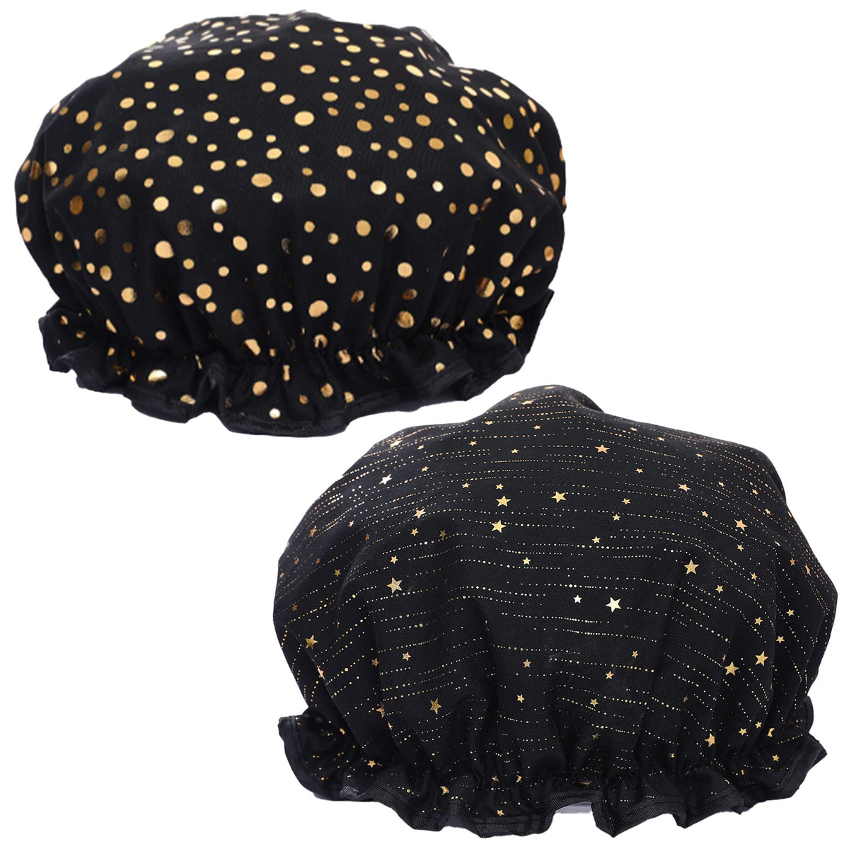 Qeuly Waterproof Shower Cap 2 Pack - Reusable Elastic Bathing Hat, Double Layer Peva Lined, Black Dots/