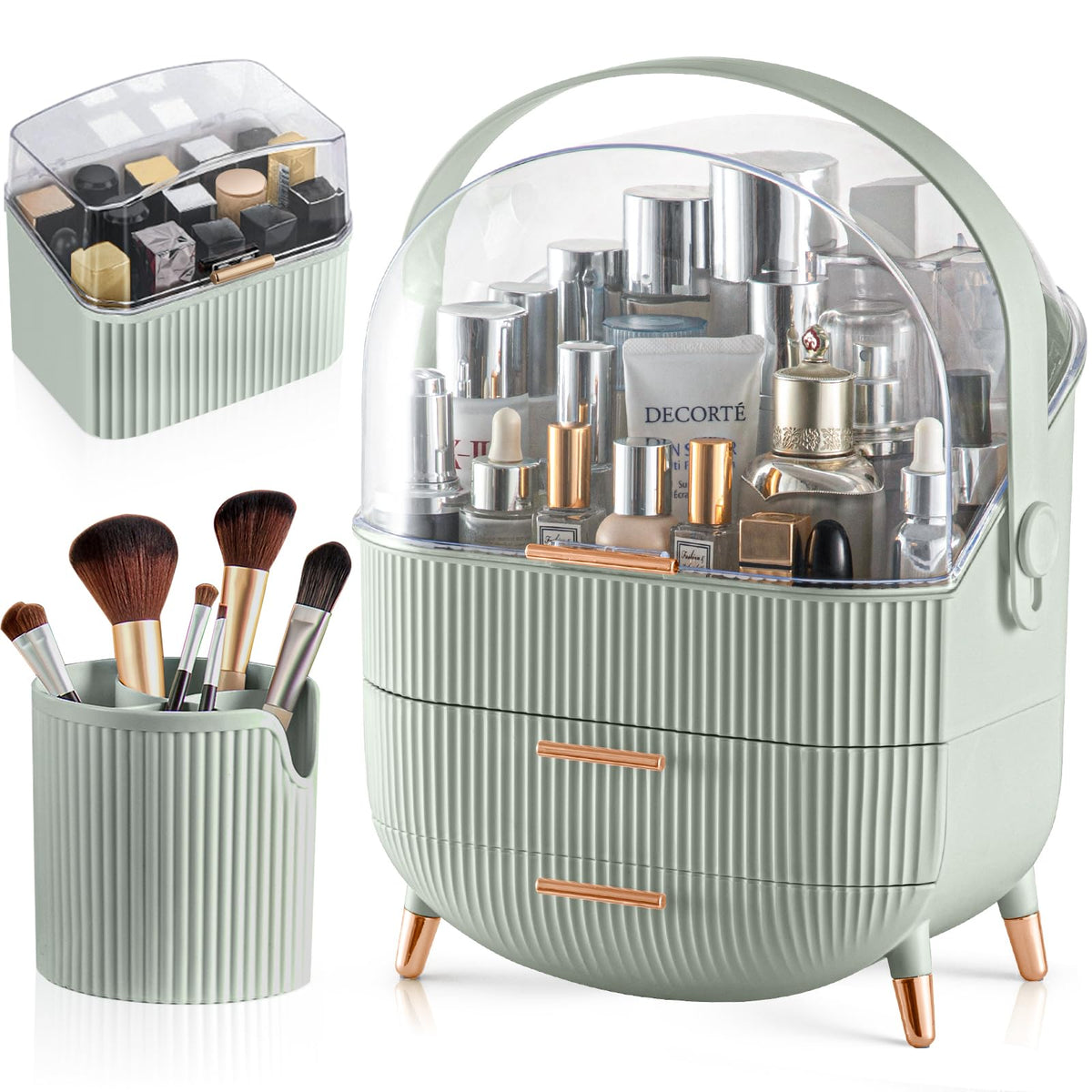 Canitoron Sage Green Makeup Organizer With 2 Drawers, Brush Holder & Lipstick Storage