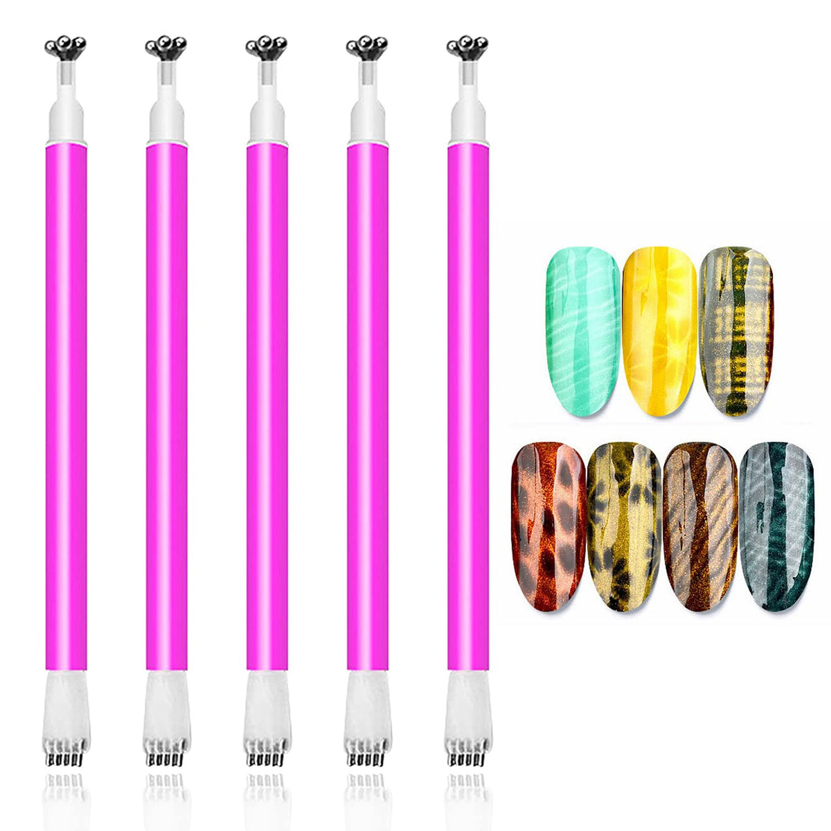 Jerclity Cat Eye Magnet Tool Set - 5 Double-Headed Nail Art Pens With Flower Design