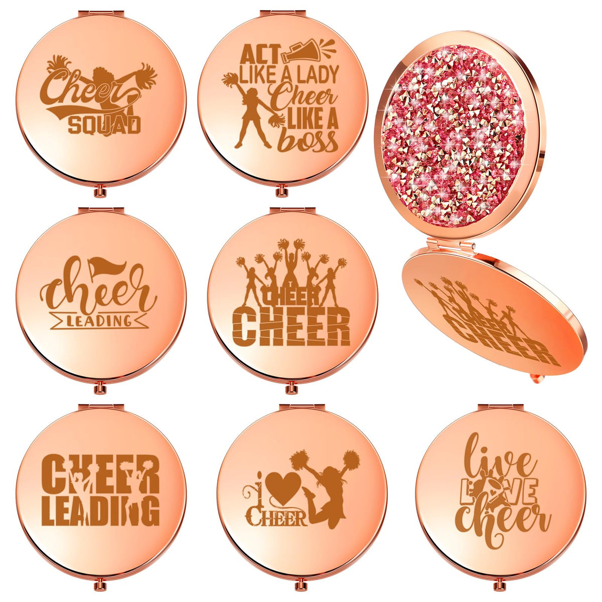 Roowest 7 Pcs Cheerleading Gifts - Inspirational Pocket Mirrors For Girls, Rose Gold & Red