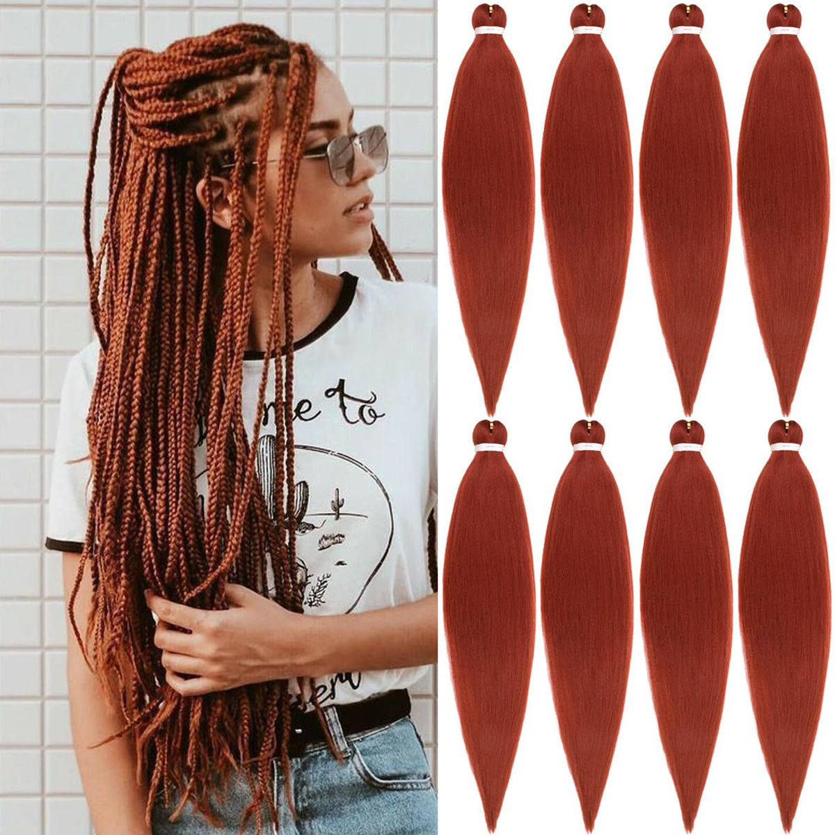 Union Beauty 30&quot; Pre-Stretched Braiding Hair - 8 Packs Dark Ginger Synthetic Braid Extensions