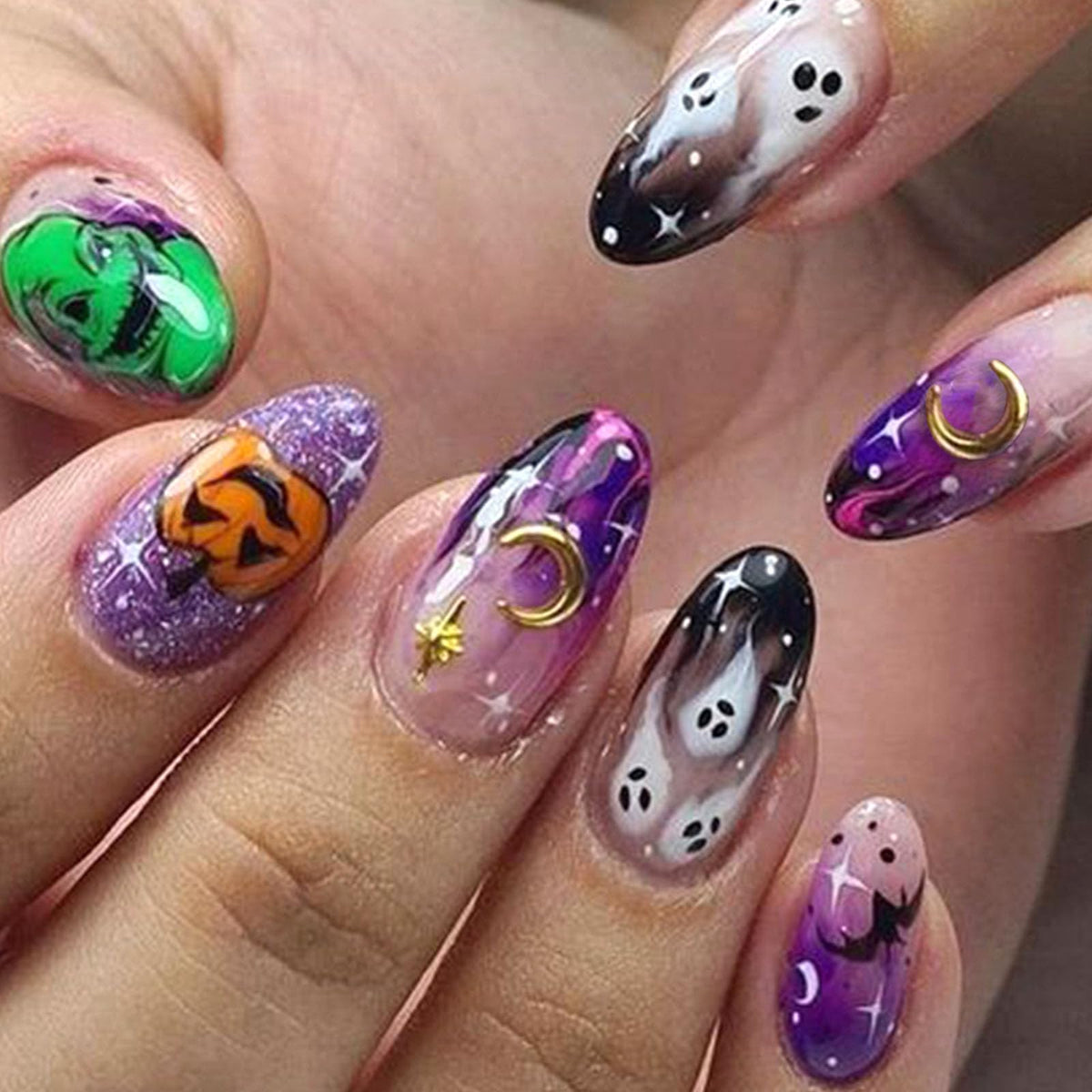 Tuzandw Halloween Press On Nails - Cute Ghost & Pumpkin, Medium Almond, 24 Pcs, Glossy Finish