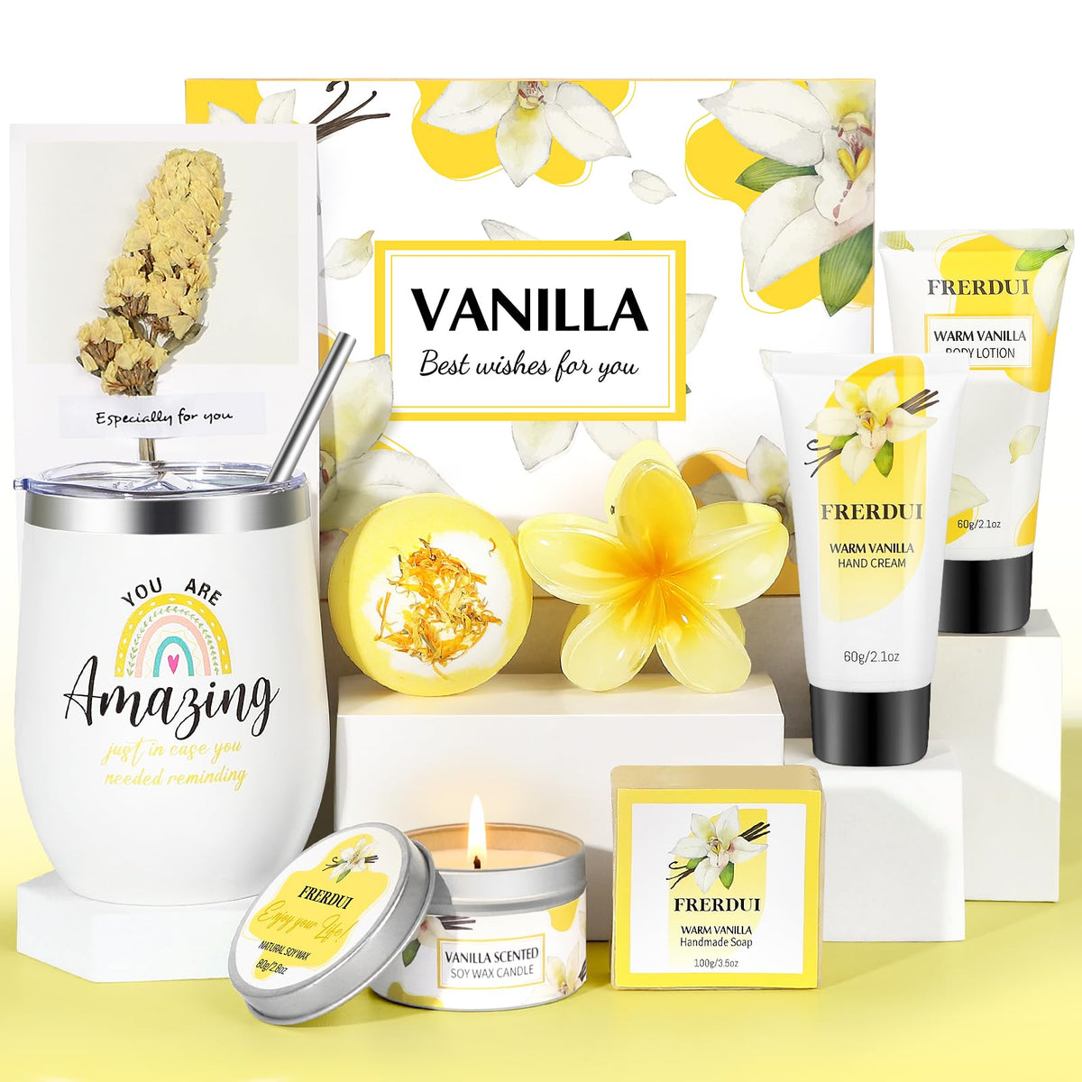 Frerdui Warm Vanilla Spa Gift Basket - Relaxing Birthday Gifts For Women, Self Care Care Package