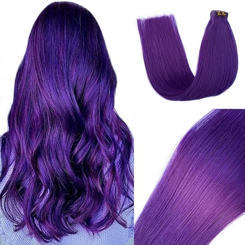 Ubetta 24 Inch Purple Tape in Hair Extensions, Real Human Hair, 20 Pcs, Silky Straight