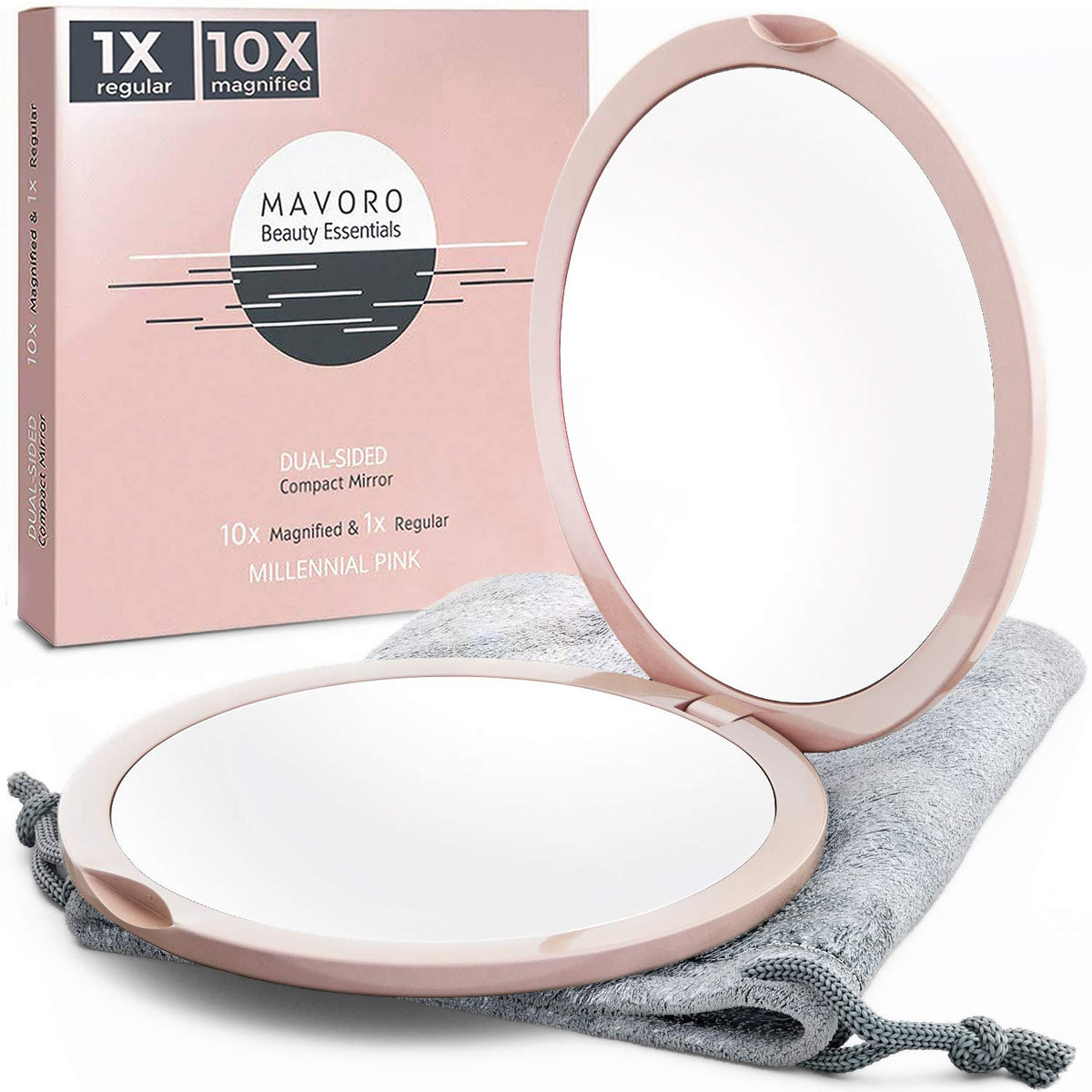 Mavoro Magnifying Compact Mirror - 1x/10x Double Sided Travel Makeup Mirror, 4 Inch, Millennial Pink