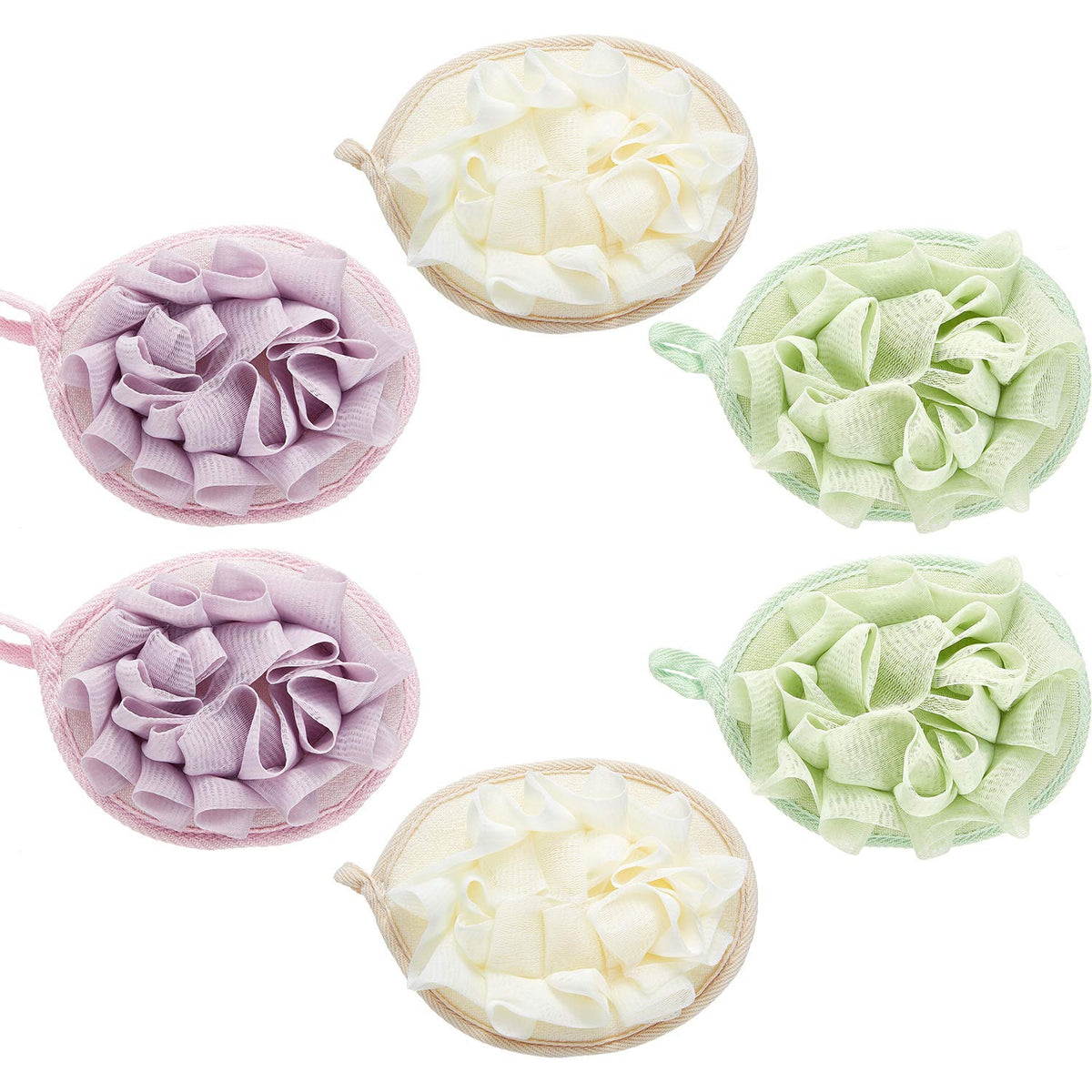 Boao 6 Pcs Bath Shower Pouf Sponge Set, Exfoliating Body Scrubber Balls - Beige, Green, Purple