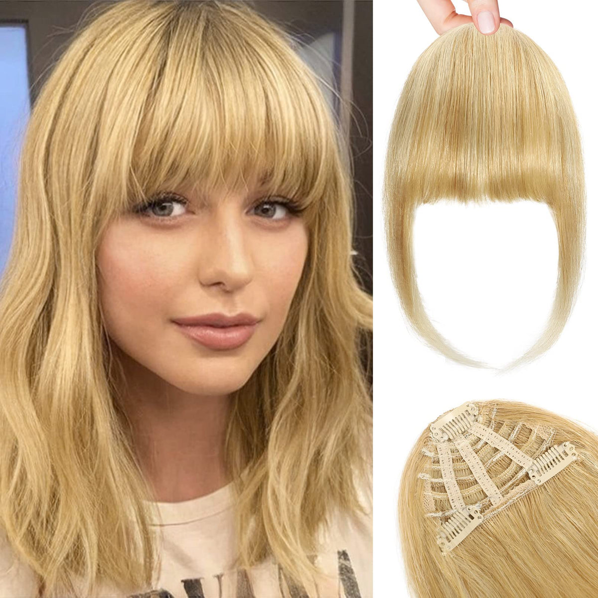 REECHO 100% Real Human Hair Bangs Clip - Medium Blonde with Highlights, 3 Secure Clips, Thick Volume