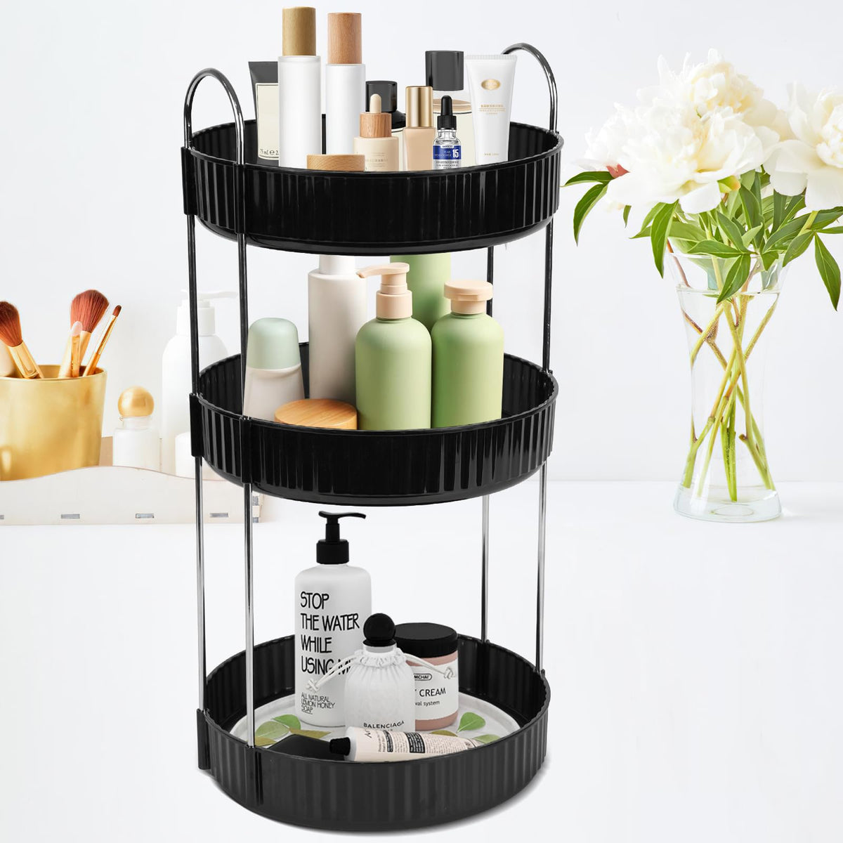 Zufudo 3 Tier Rotating Makeup Organizer - Black Lazy Susan For Skincare & Perfume Storage