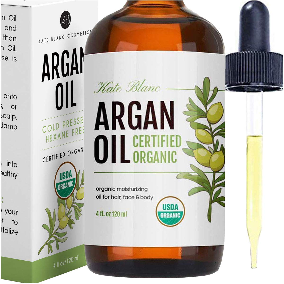 Kate Blanc Argan Oil for Hair, Face & Skin - USDA Organic, Cold Pressed, 4oz - Promotes Growth