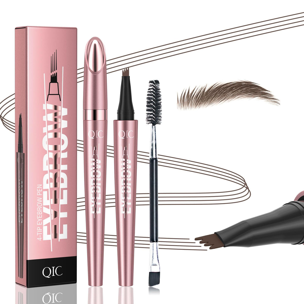 Qic Microblading Eyebrow Pen - Waterproof 4 Tip Brow Pencil, Long-Lasting Brown Eyebrow Makeup