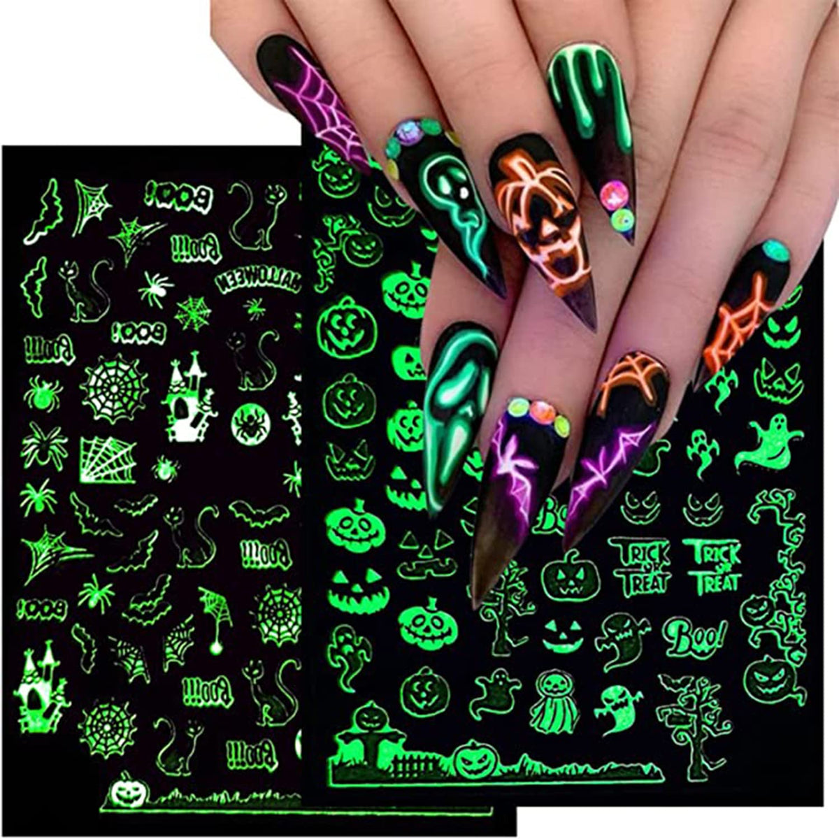 Lrknno Halloween Nail Art Stickers 3D Luminous Self-Adhesive Pumpkin Spider Skull Designs