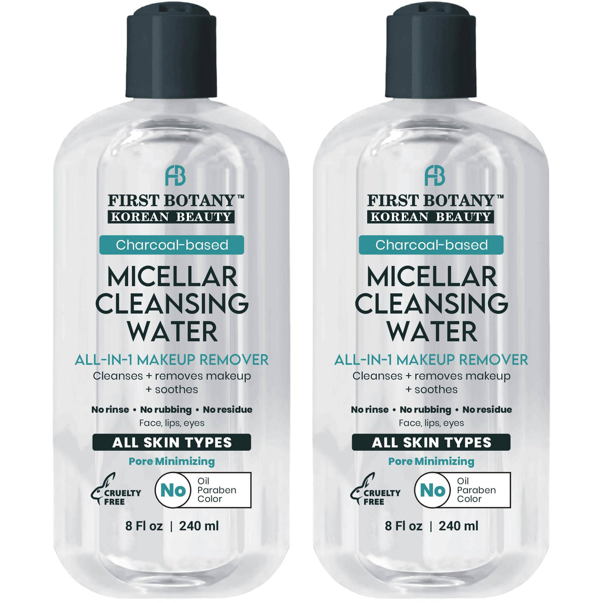 First Botany Korean Micellar Water Makeup Remover - Charcoal Cleanser, 16 Fl Oz, Oil-Free, 2 Pack