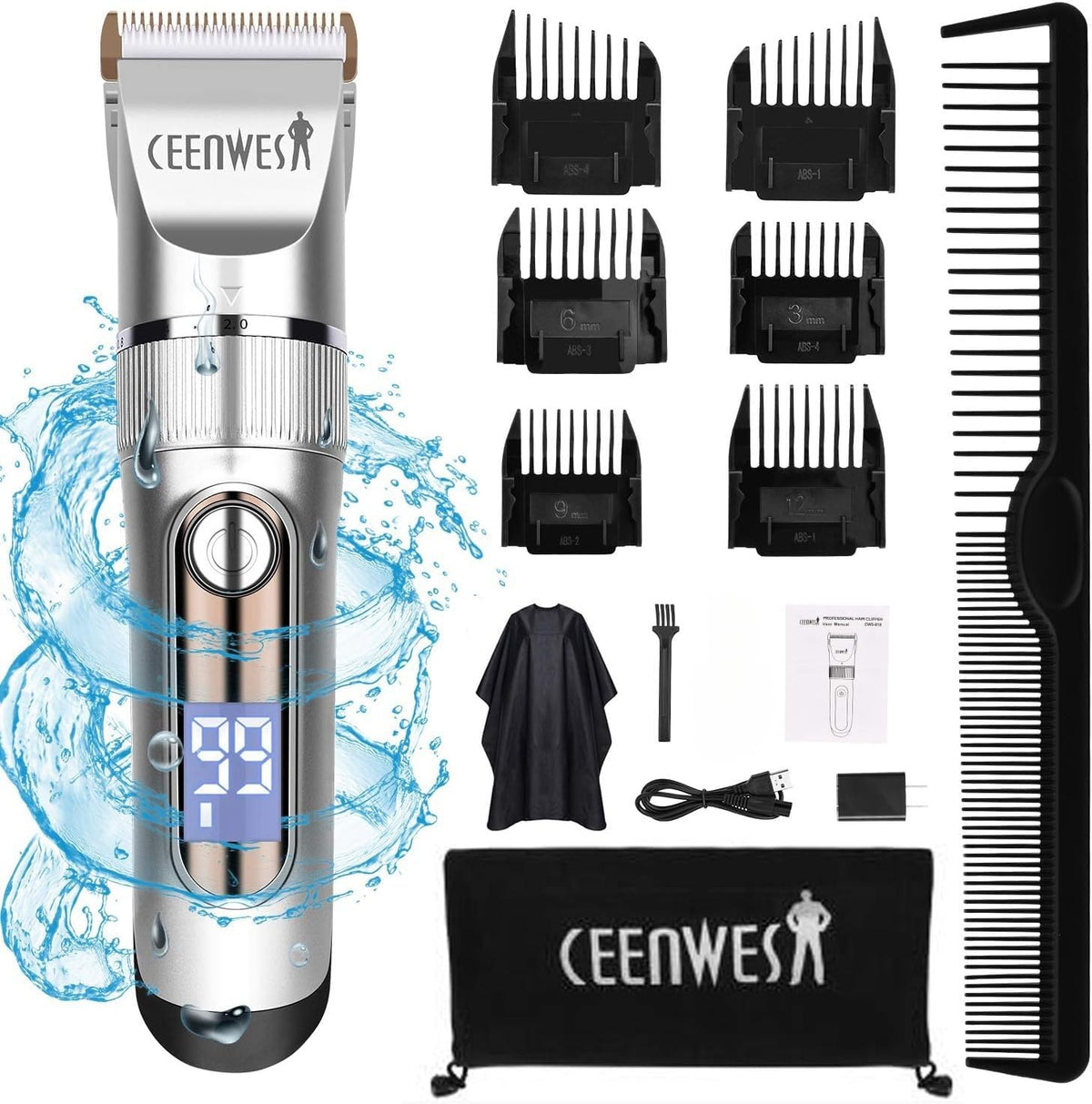 Ceenwes Cordless Hair Clippers Kit - Low Noise, Waterproof Trimmer With Led Display & Accessories