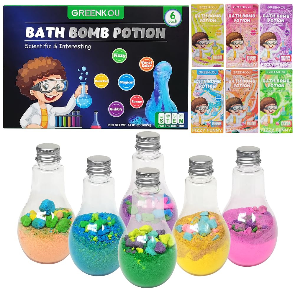 Greenkou 6 Pack Bath Bombs Gift Set For Kids, Colorful Fizzy Fun, Stem Bubble Bath, 3+ Years