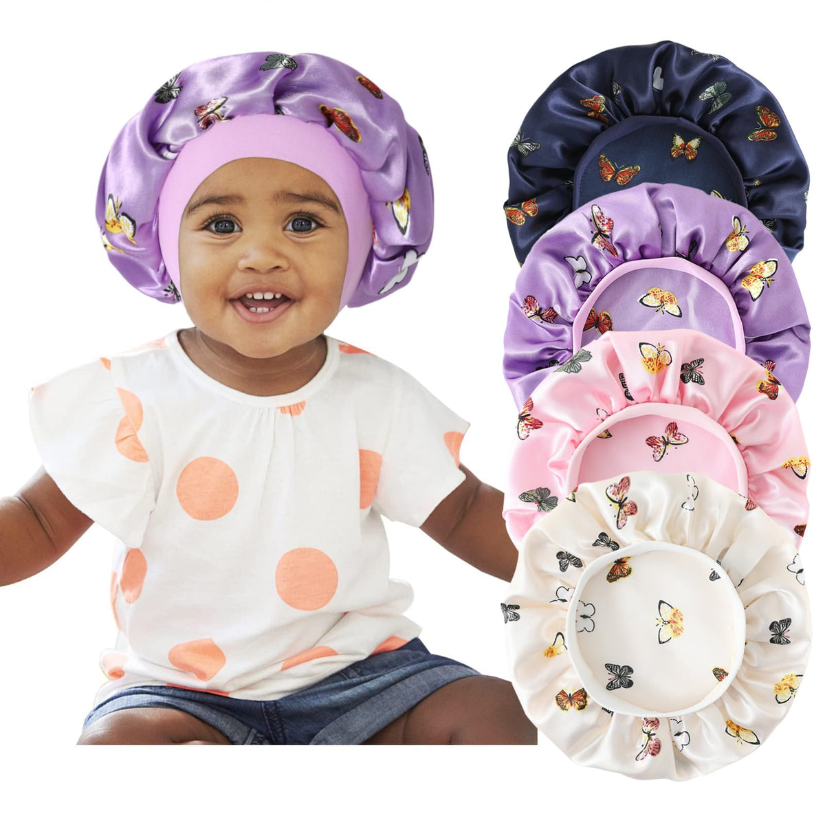 Selalu 4 Pcs Kids Satin Sleep Bonnet Caps for Curly Hair - Elastic Wide Band, Butterfly Design