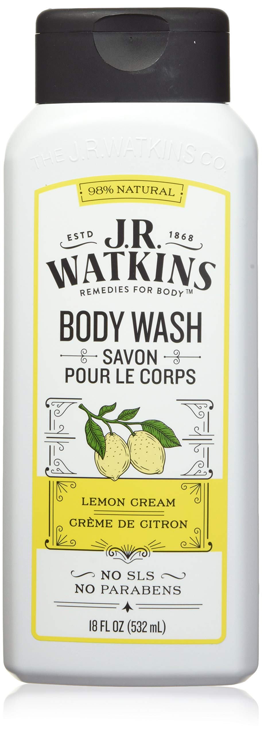 J.R. Watkins Lemon Cream Body Wash, Daily Moisturizing, 18 Fl Oz - Refreshing Cleanser