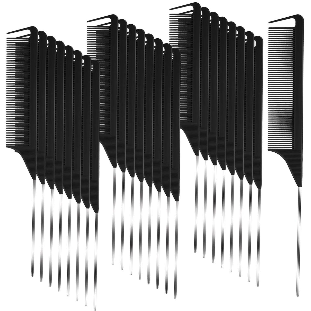 Patelai 30 Pack Rat Tail Comb Set - Black Carbon Fiber Teasing Combs With Stainless Steel Pintail