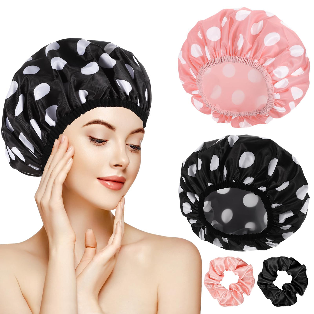 Wsicse 2 Sets Large Waterproof Shower Caps For Women, Double Layers, Long Thick Hair, Pink & Black