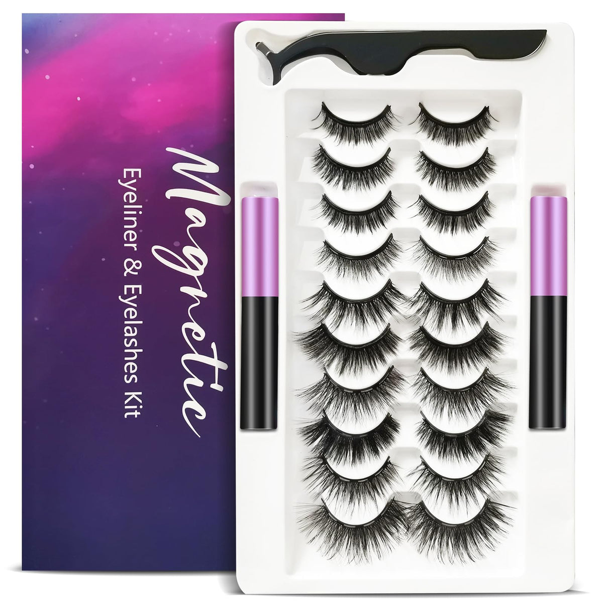 Ahet Magnetic Eyelashes Kit - 10 Pairs Reusable Lashes With Eyeliner & Tweezers, No Glue Needed